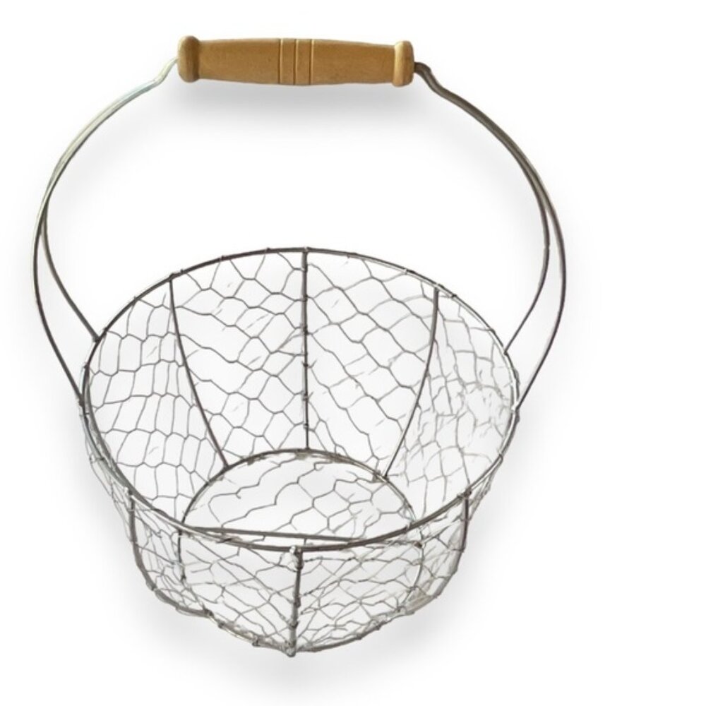 Wire Egg Basket Wooden Handle Stainless Chicken Wire Country Farmhouse Cottage